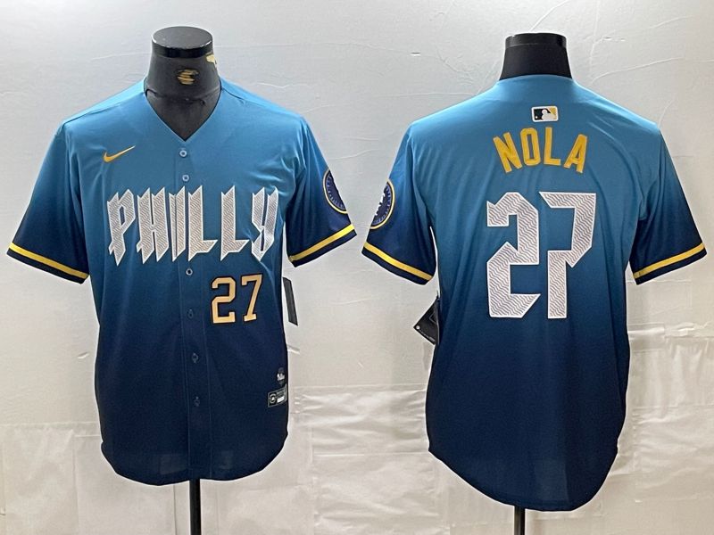 Men Philadelphia Phillies #27 Nola Blue City Edition Nike 2024 MLB Jersey style 1